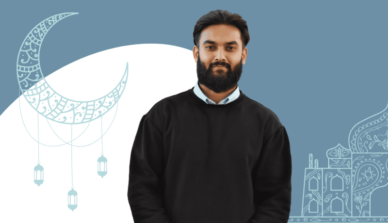Muslim man standing in front of Ramadan graphic