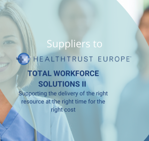 Smiling nurse behind the Healthtrust Europe Logo