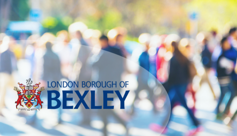 Blurred picture of people walking about with logo for London Borough of Bexley