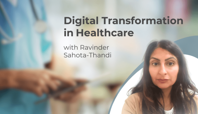 A woman is in front of the a blurred image of a hospital worker, with 'Digital Transformation in Healthcare' title as the top