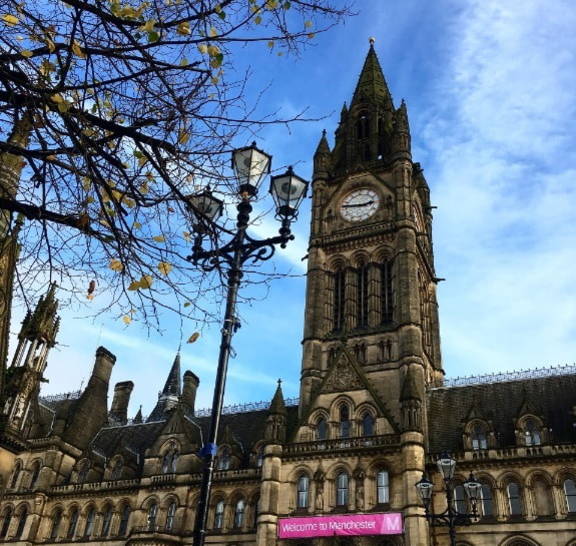 Manchester town hall against a blue sky