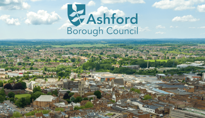 View of Ashford from the air with Ashford Borough Council logo