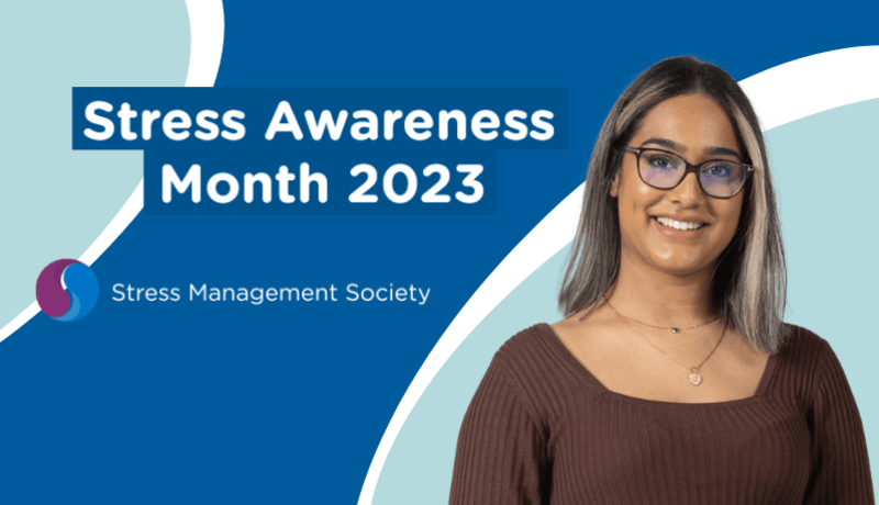 Diversity and Inclusion Associate stands with Stress Awareness Month graphic in background
