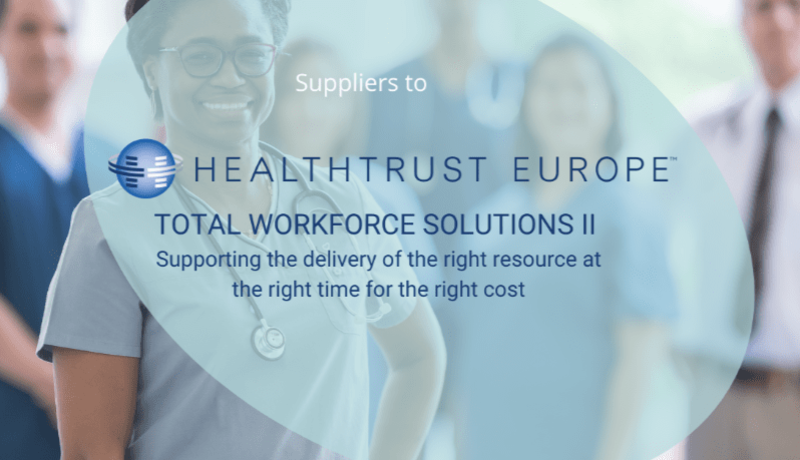Medical staff smiling as background to Healthcare Trust logo