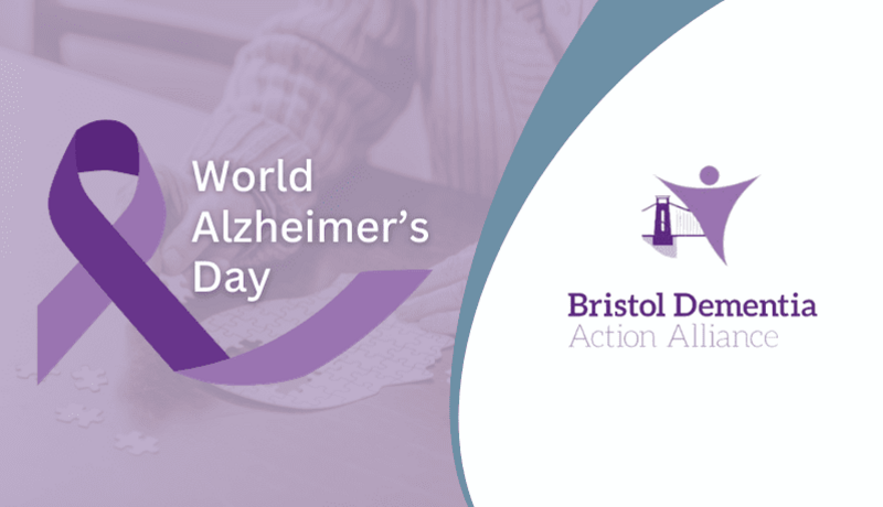 The logos for Bristol Dementia Action Alliance and World Alzheimer's Day with a faded image of someone completing a puzzle of a head with some pieces missing