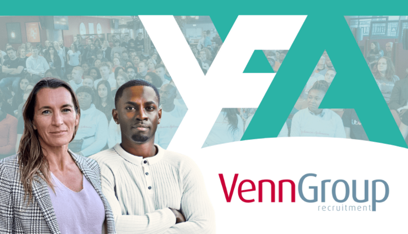 Two recruitment professionals in front of YFYA logo