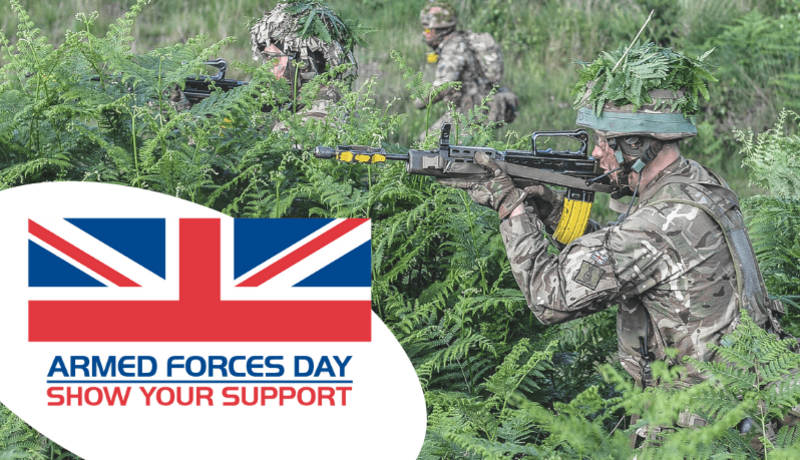 Man in armed forces aiming gun